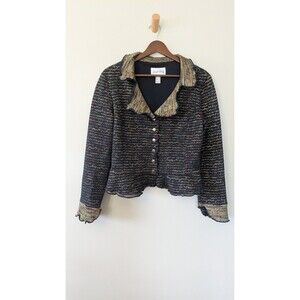 Joseph Ribkoff Womens Ruffle Navy Blazer Size 12 Old Money Artsy Dressy Preppy